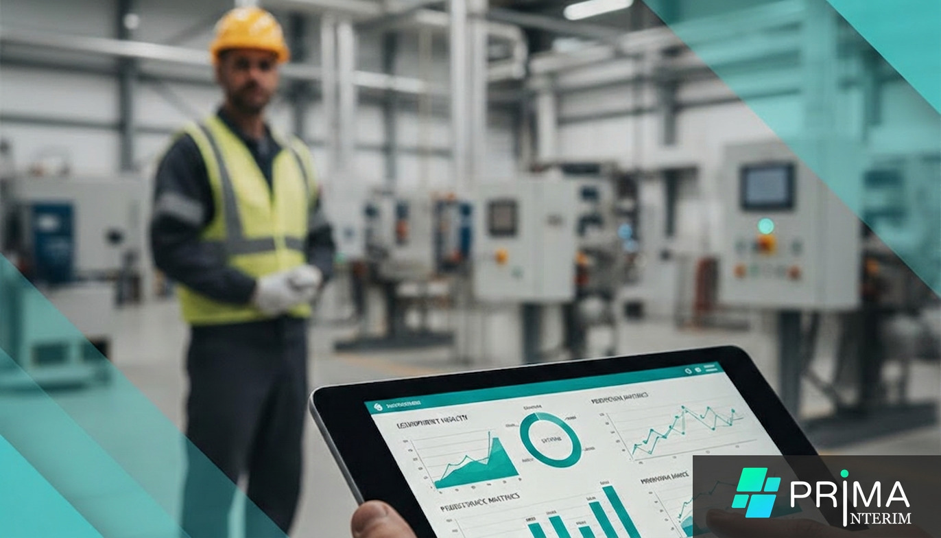 Tablette de données de maintenance avec un spécialiste en arrière-plan.
