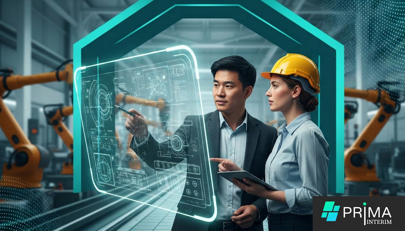 Techniciens discutant de plans devant une ligne de production.