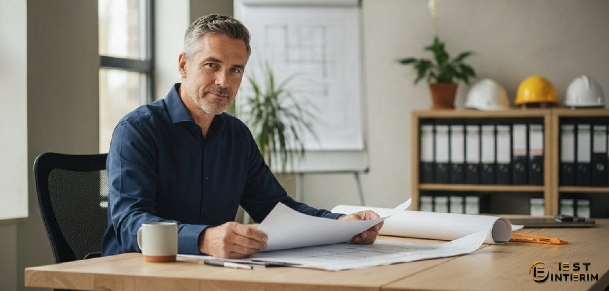 Dirigeant de PME BTP examinant des plans de chantier avec sérénité.