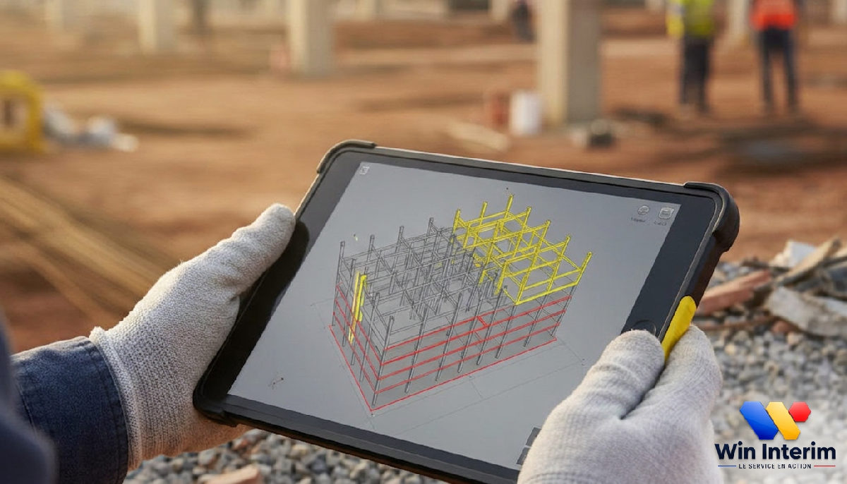 Mains d'ingénieur manipulant une tablette avec un modèle BIM 3D.