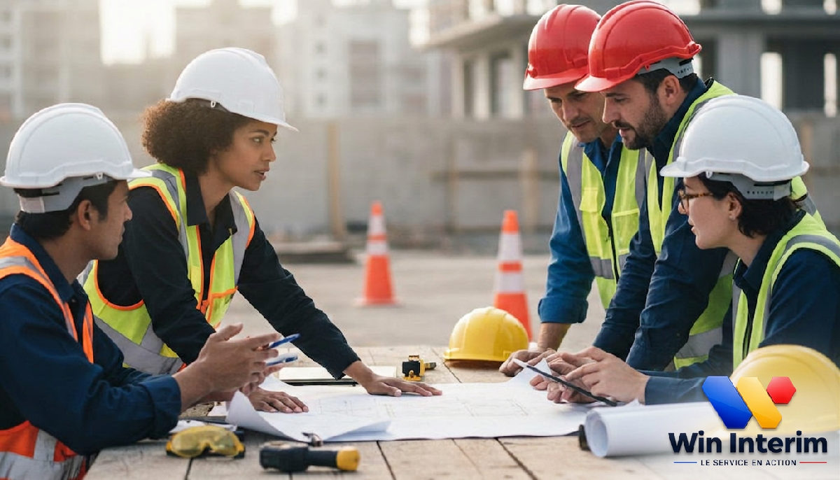 Équipe multiculturelle discutant de plans sur un chantier.