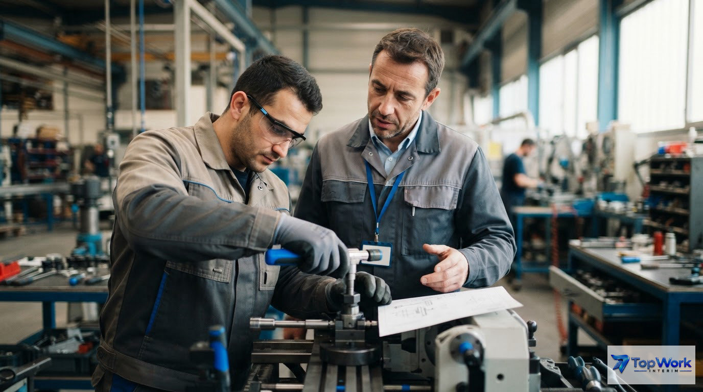 Un ouvrier roumain qualifié travaillant en usine sous la supervision d'un tuteur.