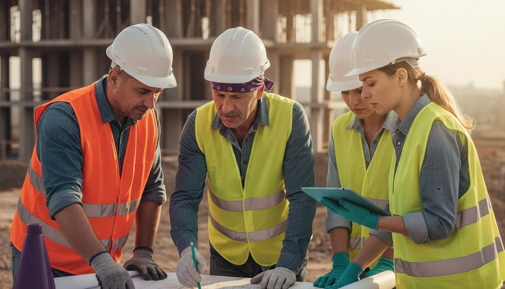 Ouvriers roumains concentrés sur les plans architecturaux sur un chantier.