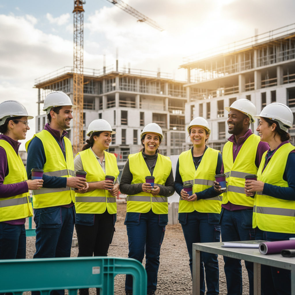 A diverse construction team in France, including French and Romanian professionals, sharing a coffee during a break, showing successful integration and high morale.
