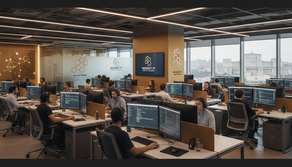 recrutement IT roumanie bulgarie - Des développeurs travaillent dans un bureau moderne à Bucarest.