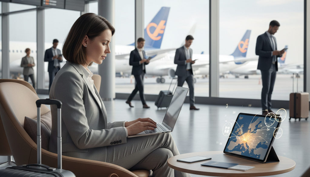 Voyageur d'affaires à l'aéroport consultant son ordinateur portable, illustrant la mobilité professionnelle européenne.