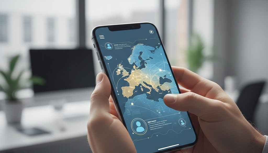 Smartphone affichant une application de recrutement avec une carte européenne, soulignant la technologie mobile en acquisition de talents.
