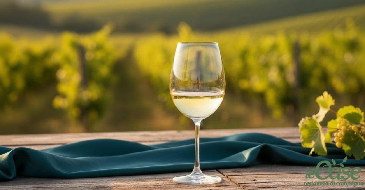 Calice di vino bianco su tavolo di legno antico, vigna umbra sullo sfondo.