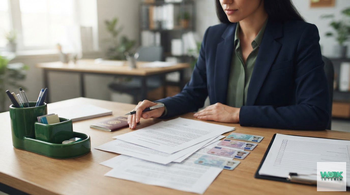 Contrats de travail et documents d'identité européens sur un bureau.