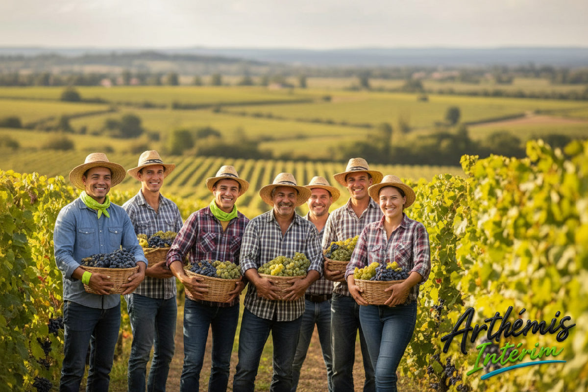 Travailleurs saisonniers souriants lors des vendanges dans un vignoble.