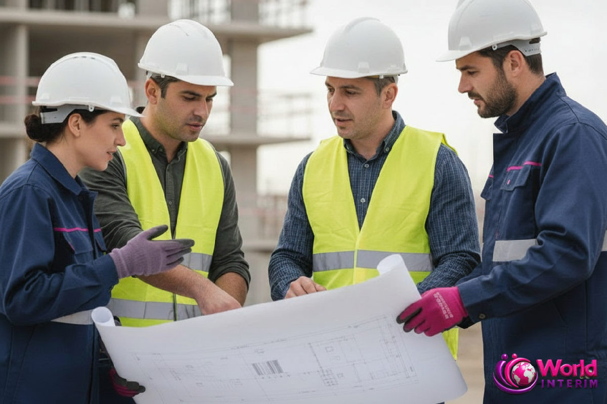 Ouvriers roumains et français collaborant autour de plans.