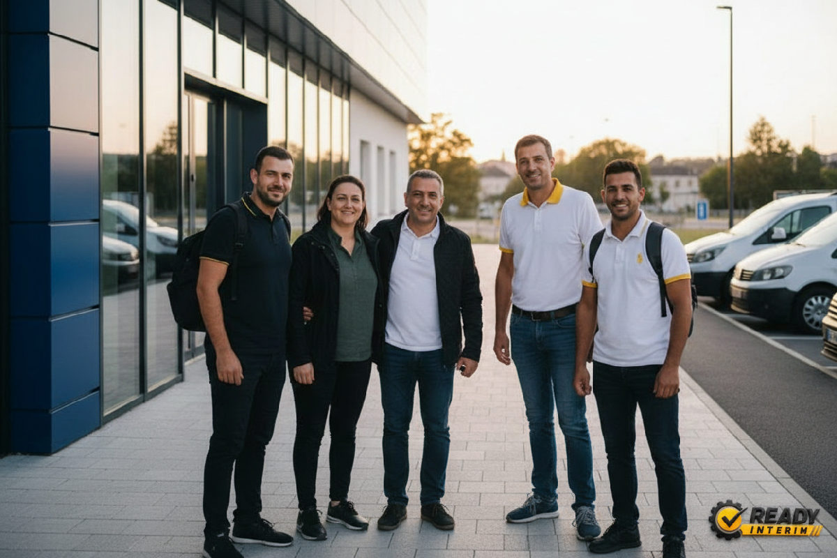 Intérimaires roumains souriants arrivant en France pour leur mission.