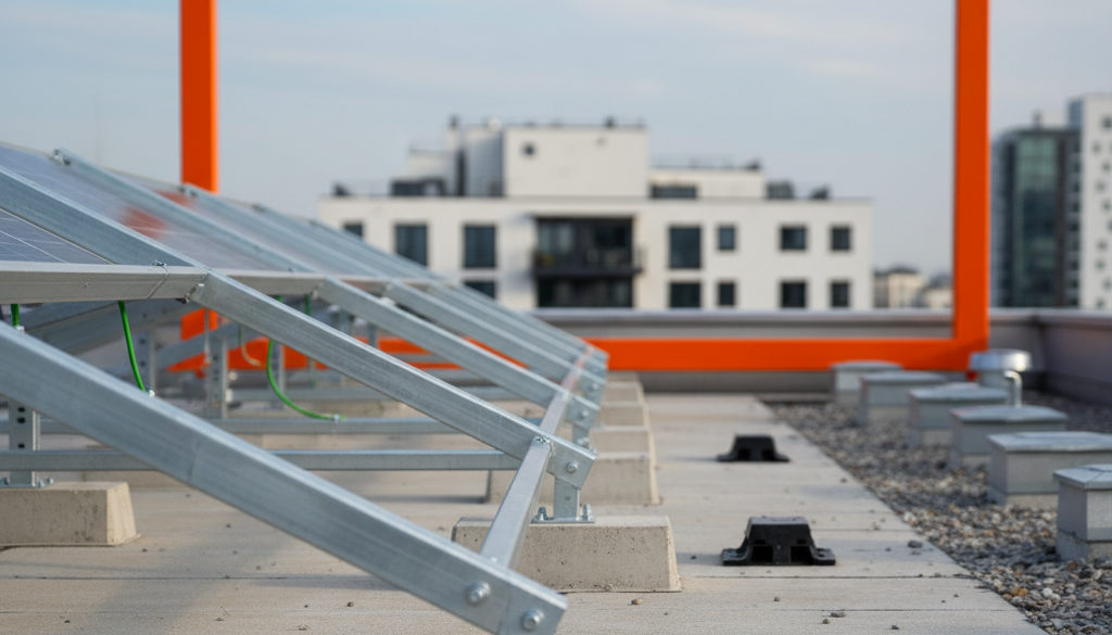 Instalace solárních panelů na střeše panelového domu.