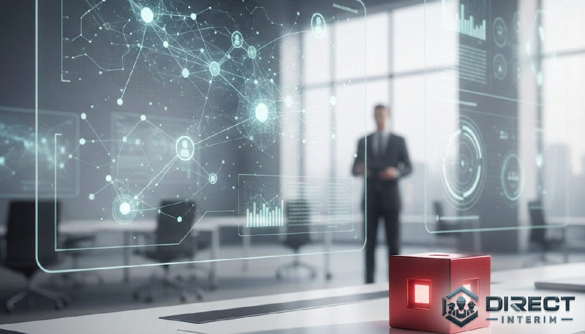 Bureau futuriste avec écrans analysant les données de recrutement.