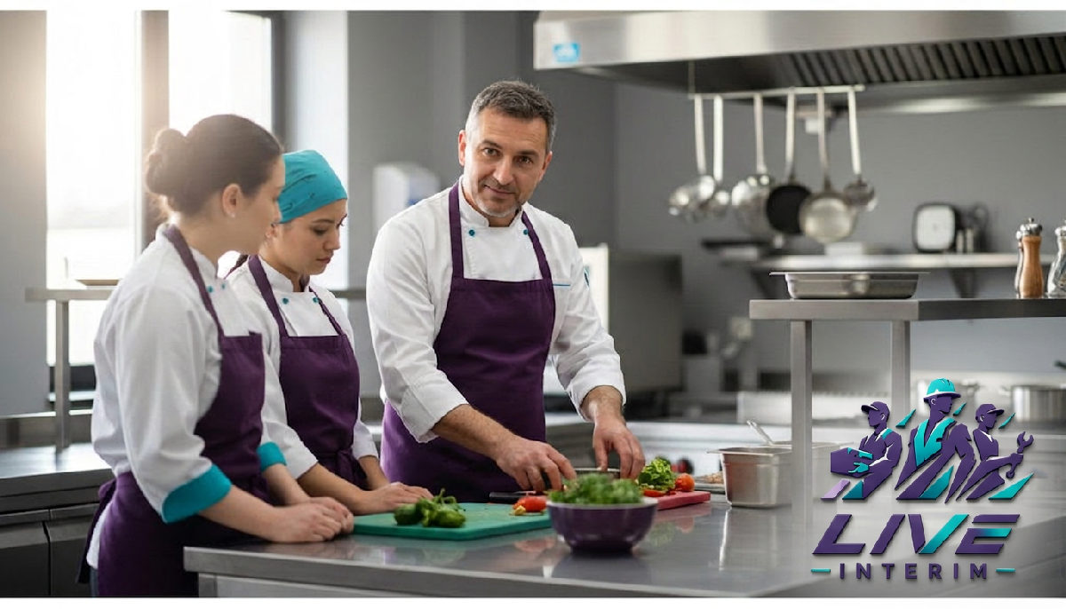 personnel hCR roumains - Chef roumain expérimenté formant du personnel dans une cuisine professionnelle.