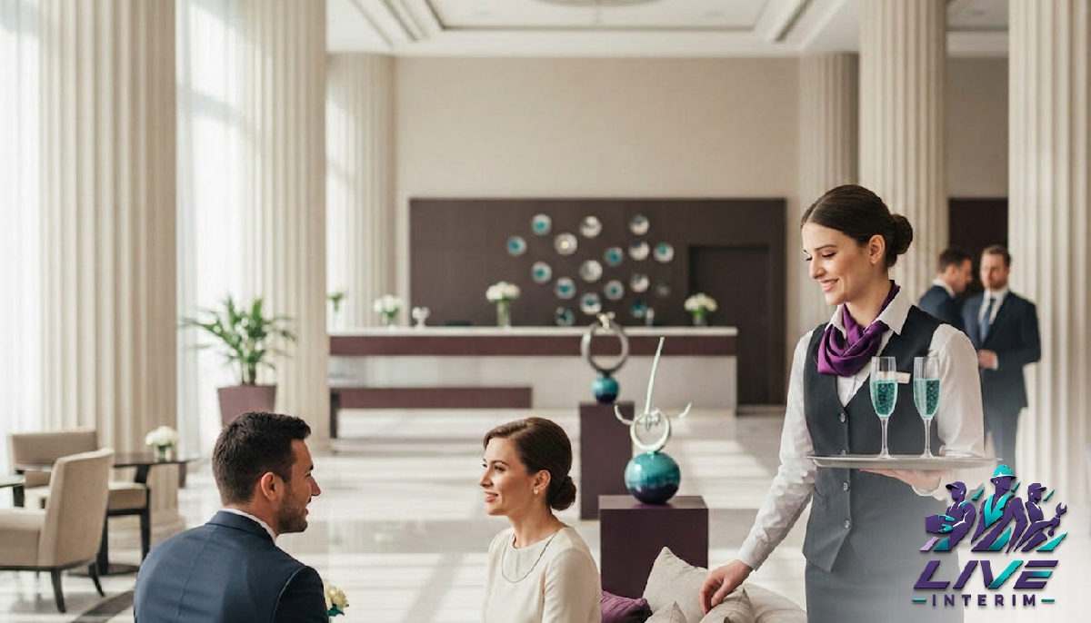Serveur roumain élégant dans un hall d'hôtel, servant des clients.
