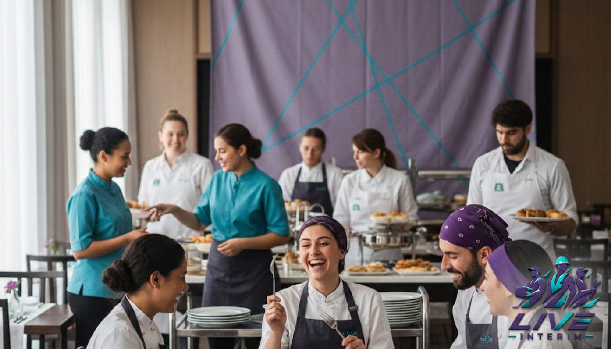 Personnel diversifié travaillant harmonieusement dans une salle à manger joyeuse.