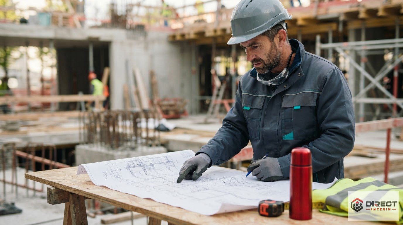Ouvrier du bâtiment consultant des plans pour la conformité légale.