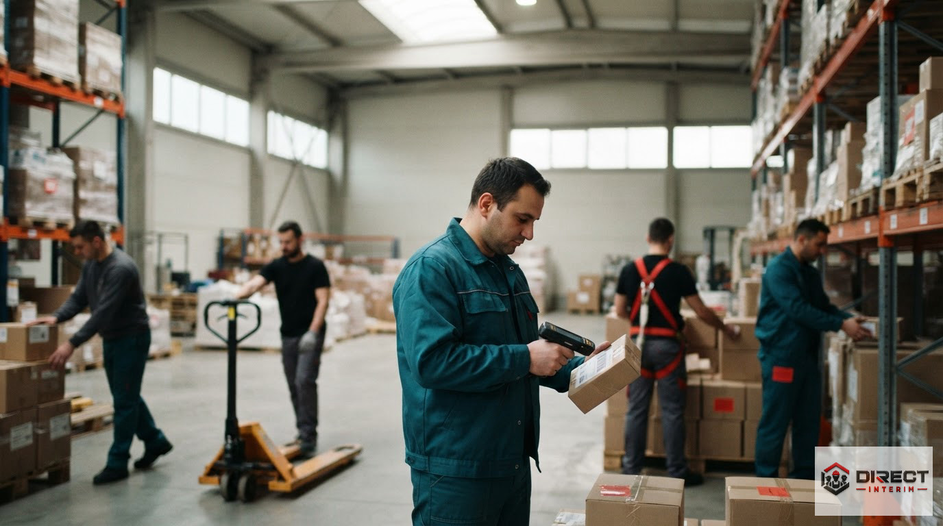 Équipe logistique en entrepôt représentant le travail des intérimaires roumains.