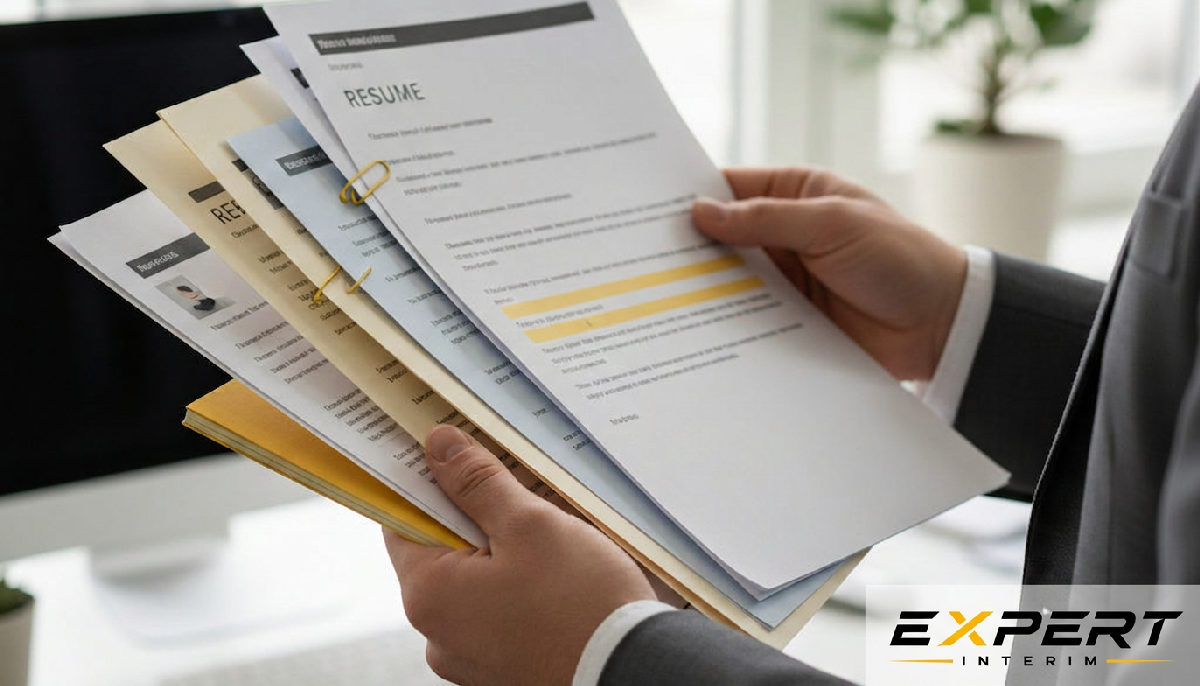 Mains examinant des CV et certificats de qualification.