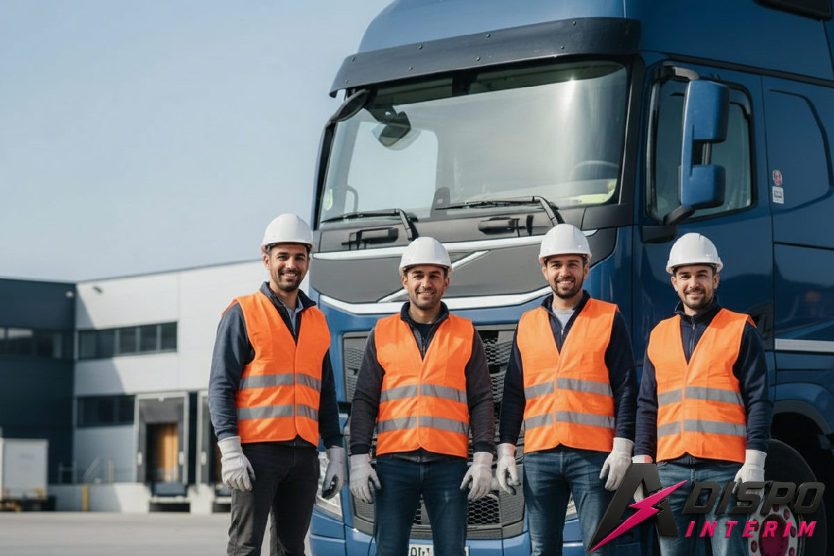 Travailleurs roumains qualifiés souriant devant un camion de transport.