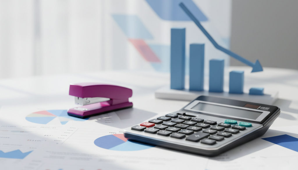 Calculatrice et documents fiscaux français et roumains sur un bureau.