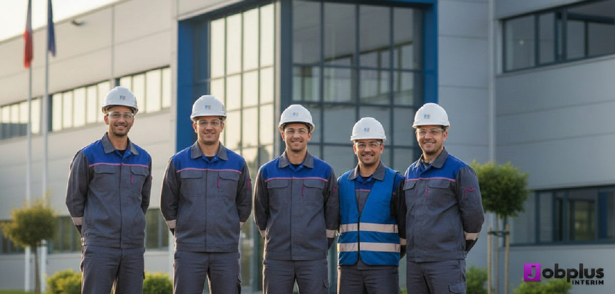 Ouvriers roumains qualifiés souriants devant un bâtiment industriel français.
