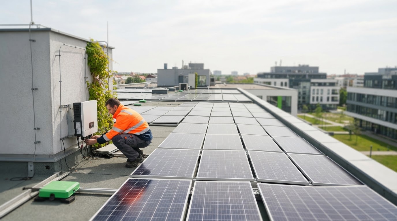 Technik provádí instalaci solárních panelů na střeše komerční budovy.