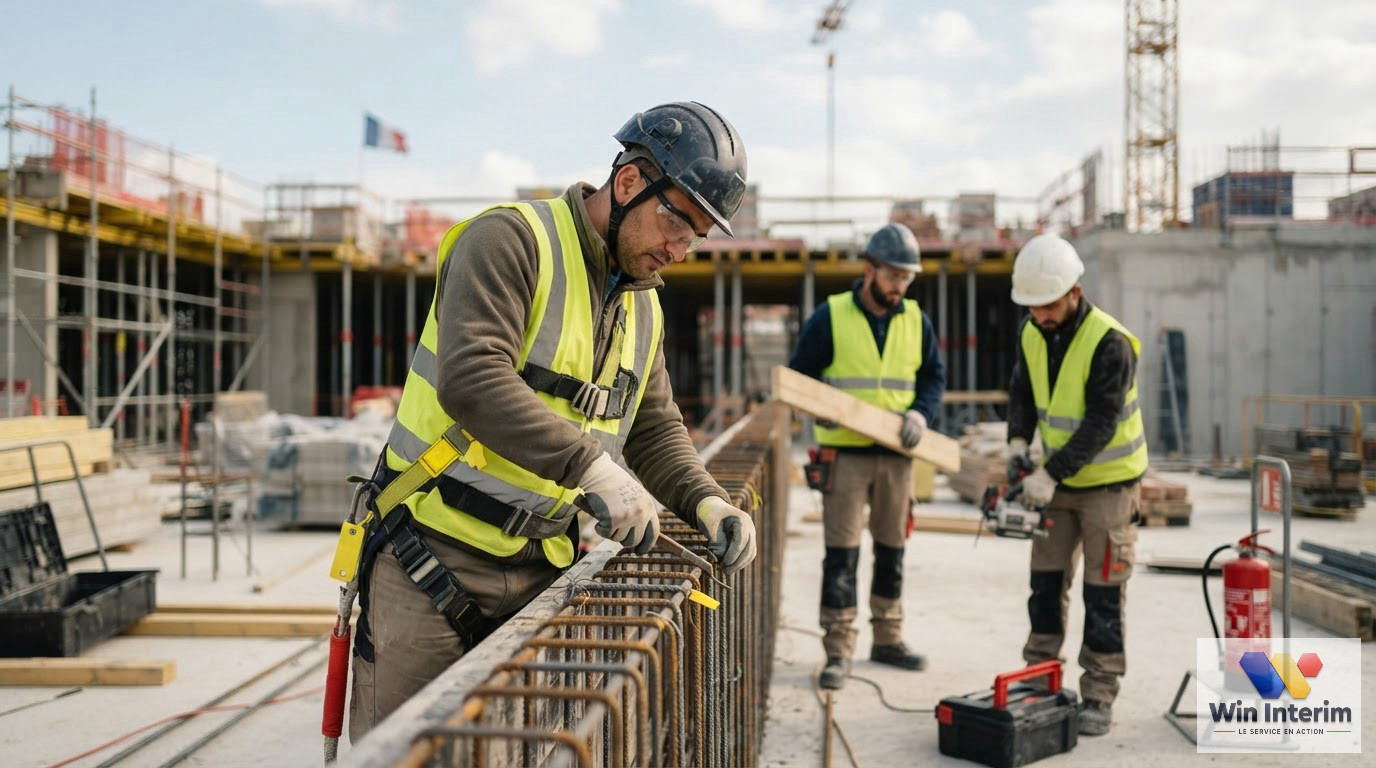 Des ouvriers en tenue de sécurité travaillant sur un chantier français.