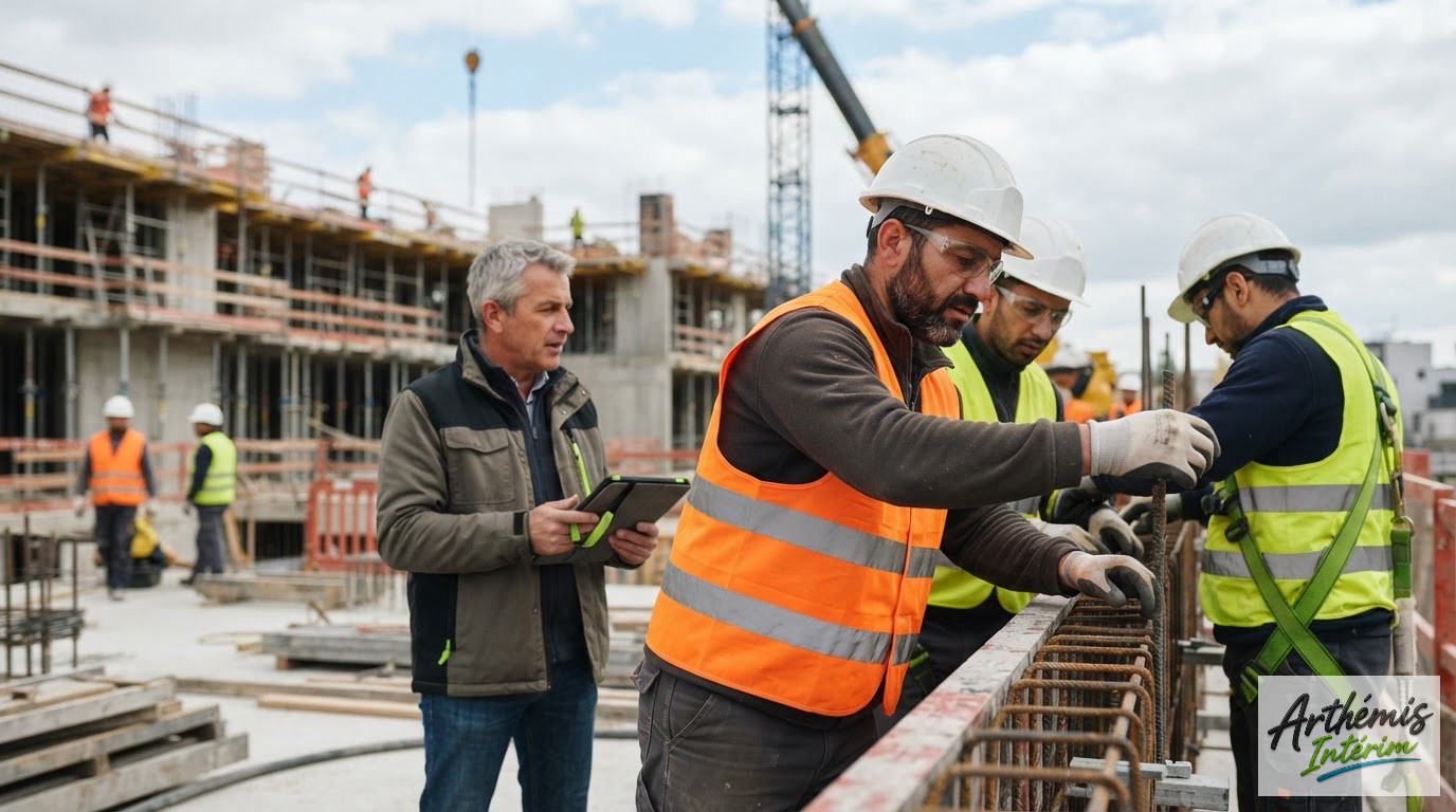 Une équipe d'ouvriers roumains qualifiés travaillant en sécurité sur un chantier français.