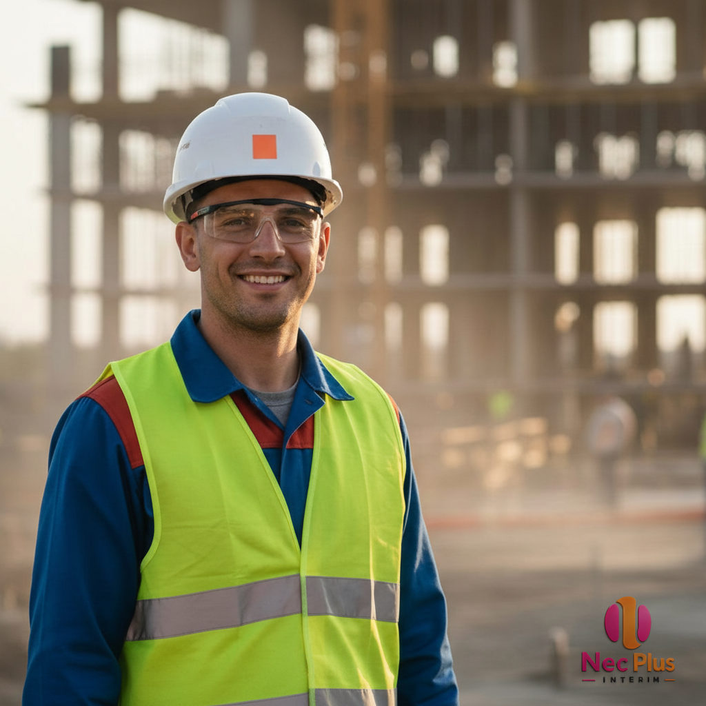 Ouvrier souriant sur un chantier, casque et gilet de sécurité.