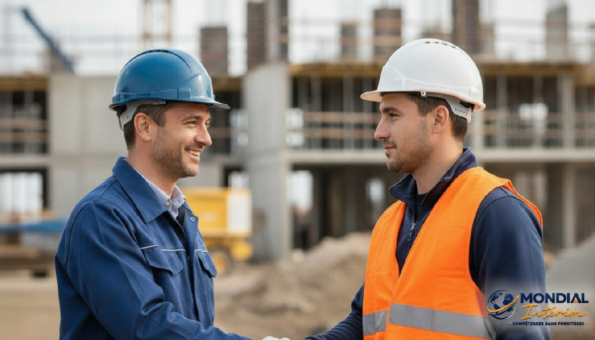quelles obligations légales recruter intérimaires roumains - Un responsable français et un ouvrier roumain se serrent la main sur un chantier.
