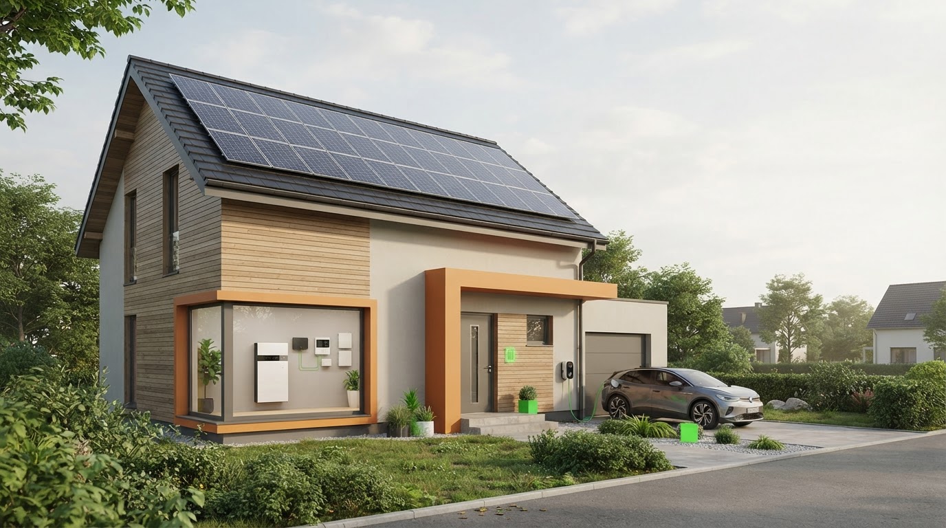 Moderní dům s fotovoltaickými panely, baterií a systémem chytrého řízení spotřebičů.