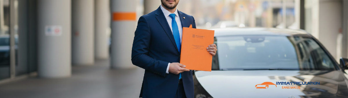 Homme d'affaires avec papiers roumains devant sa voiture de luxe.