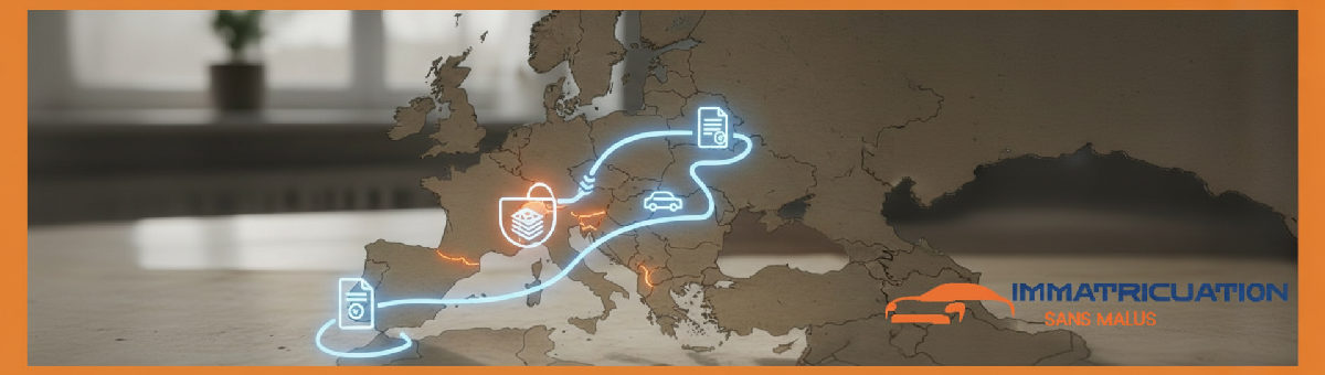 Carte de l'Europe: Roumanie et France liées par assurance et circulation.