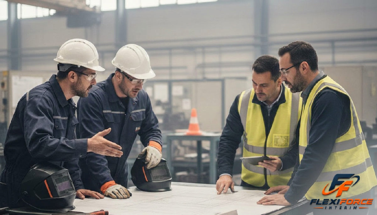 Soudeurs roumains et chefs d'atelier français discutant d'un plan industriel.
