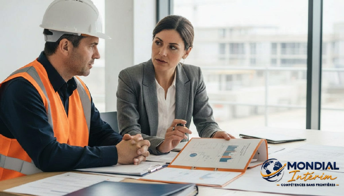 Chef de chantier et consultant examinant des documents de recrutement.