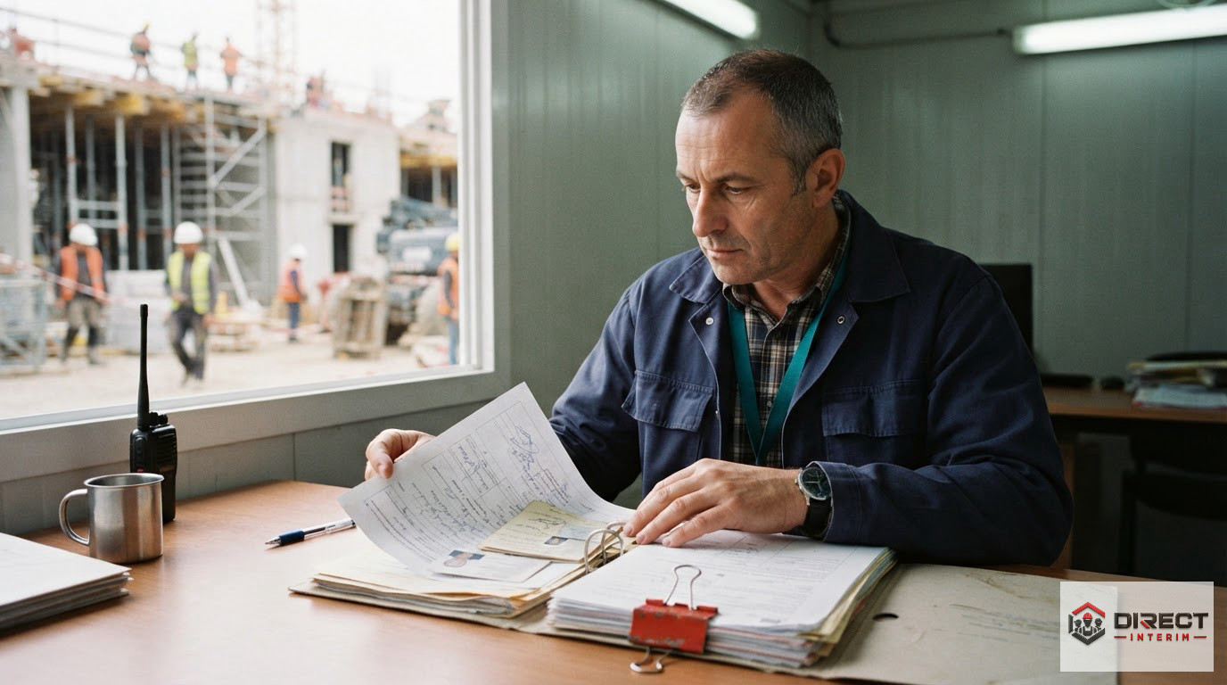 Un chef de chantier vérifiant les dossiers administratifs d'ouvriers roumains.