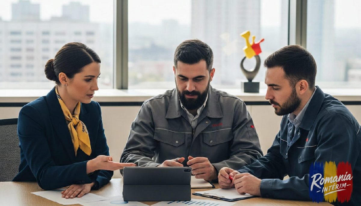 optimisation RH personnel détaché roumain - Manager RH et travailleurs qualifiés discutant de stratégies de recrutement.