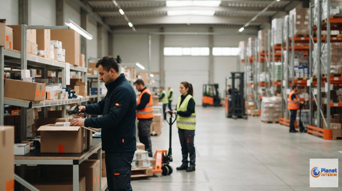 organisation logistique intérim roumain transport accueil planning - Équipe logistique préparant des commandes dans un entrepôt moderne et organisé.