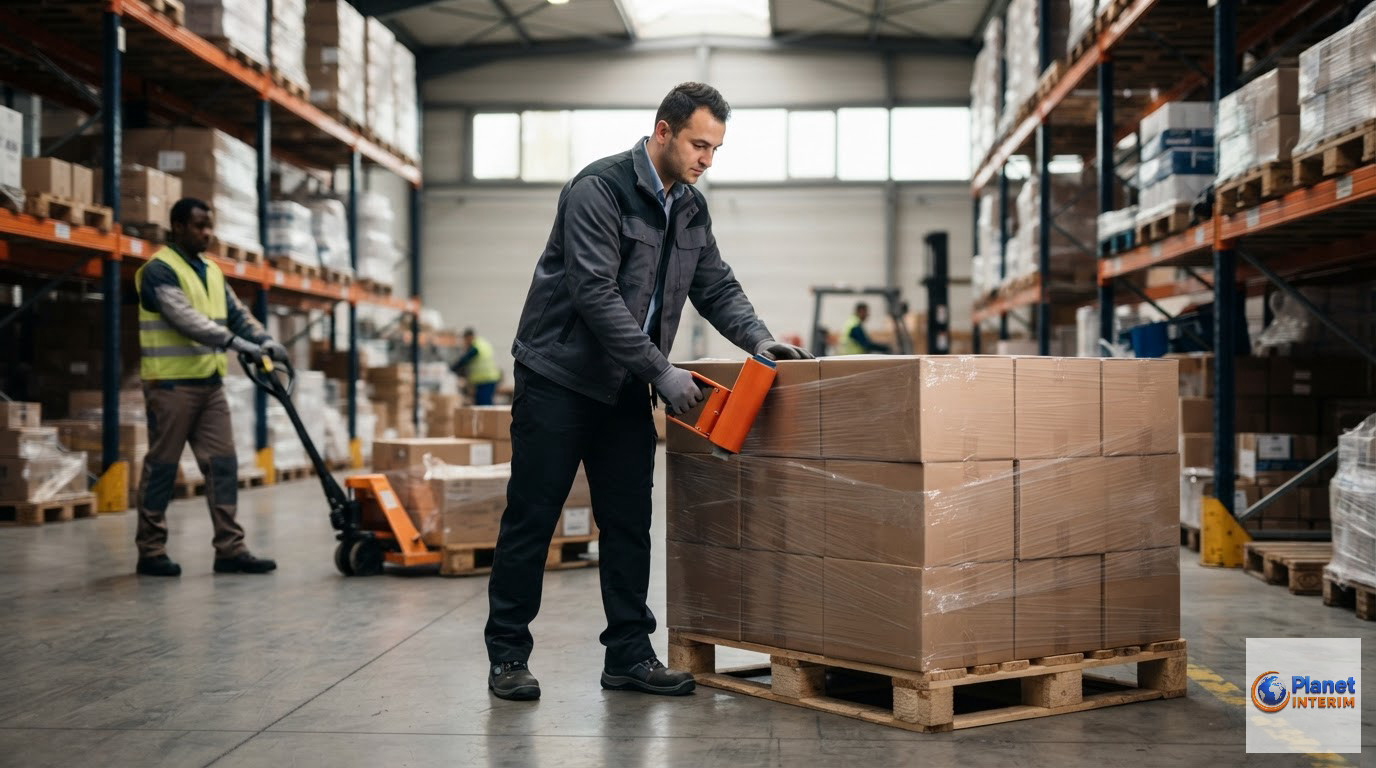 Travailleurs intérimaires préparant des palettes dans un centre logistique français.