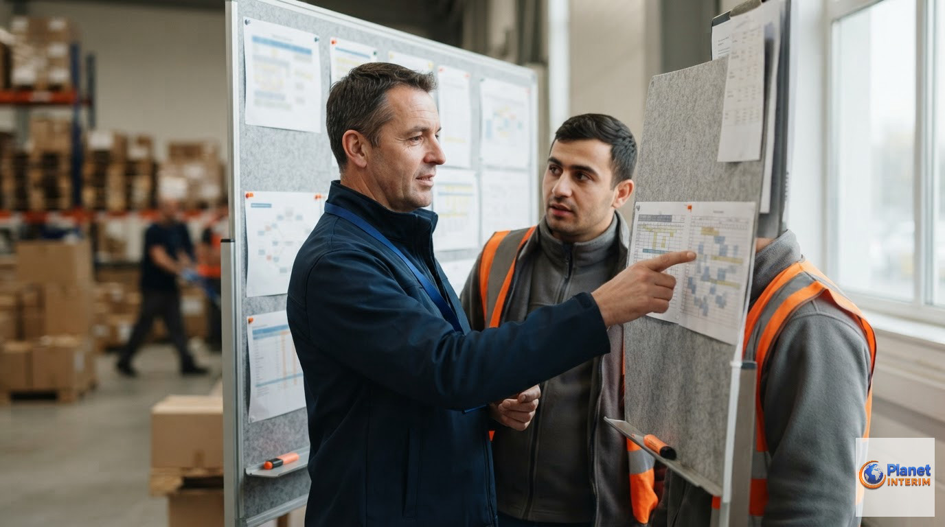 Un manager explique le planning à un travailleur roumain devant un tableau.