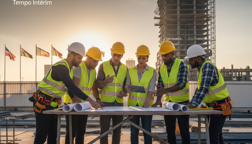 Équipe d'électriciens discutant de plans sur un chantier.