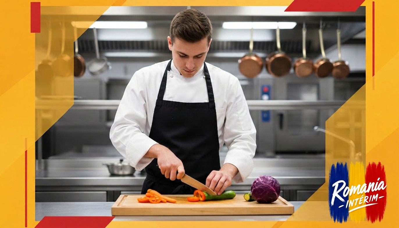 Aide-cuisinier roumain préparant des légumes dans une cuisine professionnelle.