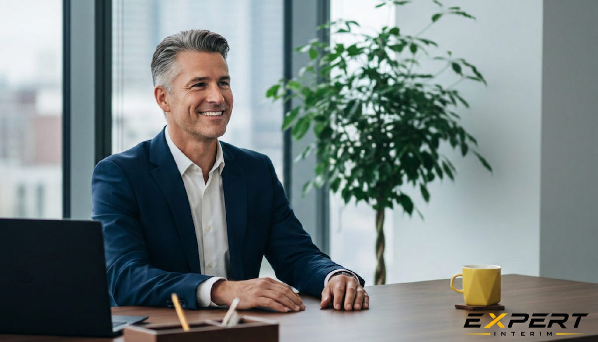 Dirigeant souriant dans un bureau, soulagé par l'intérim expert.
