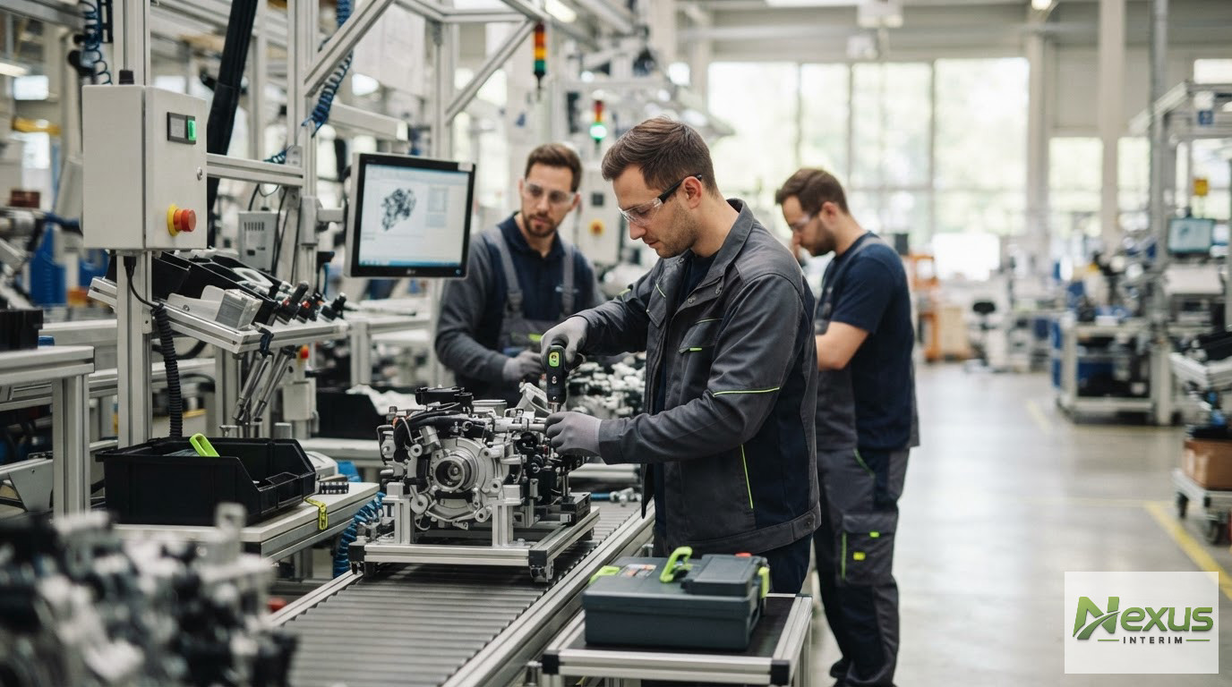 Des ouvriers qualifiés travaillant activement sur une chaîne de montage moderne.