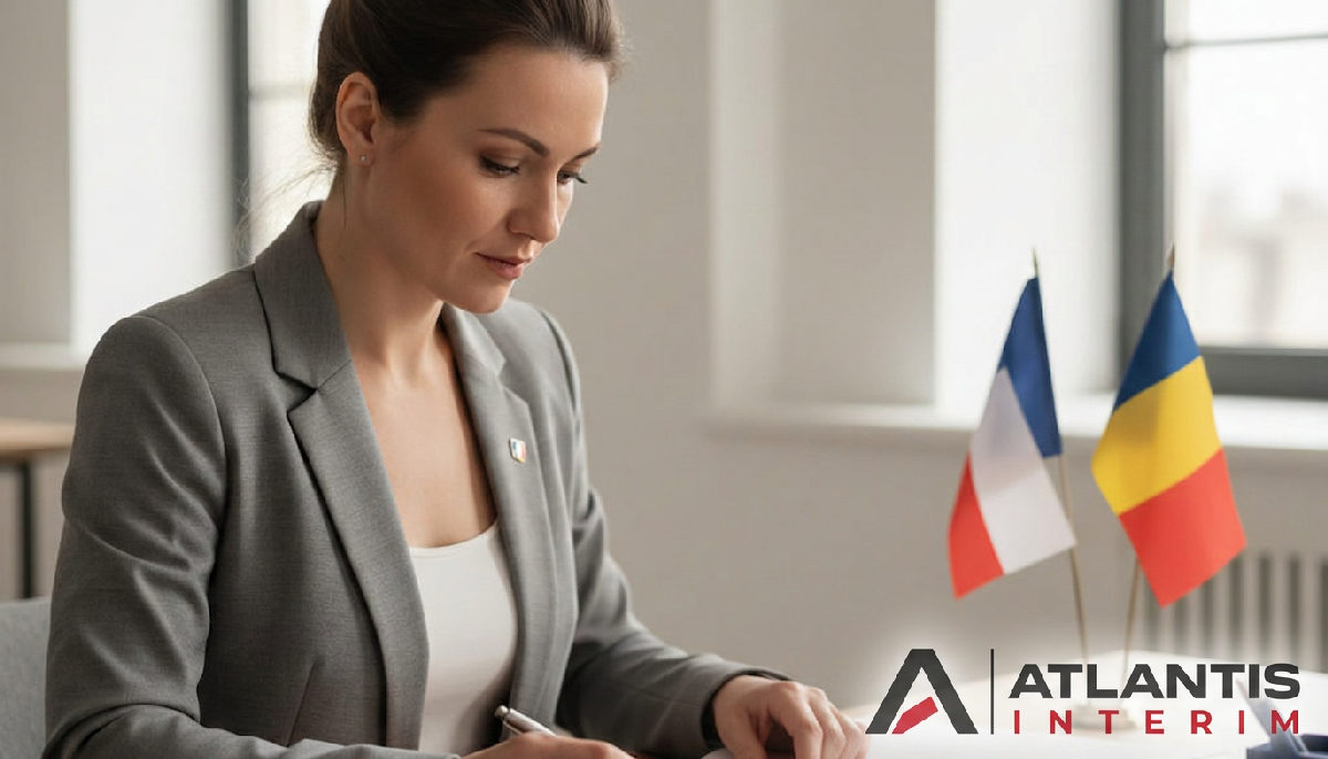responsabilités employeur détachement - Professionnel RH vérifiant la conformité des détachements, drapeaux France/Roumanie.