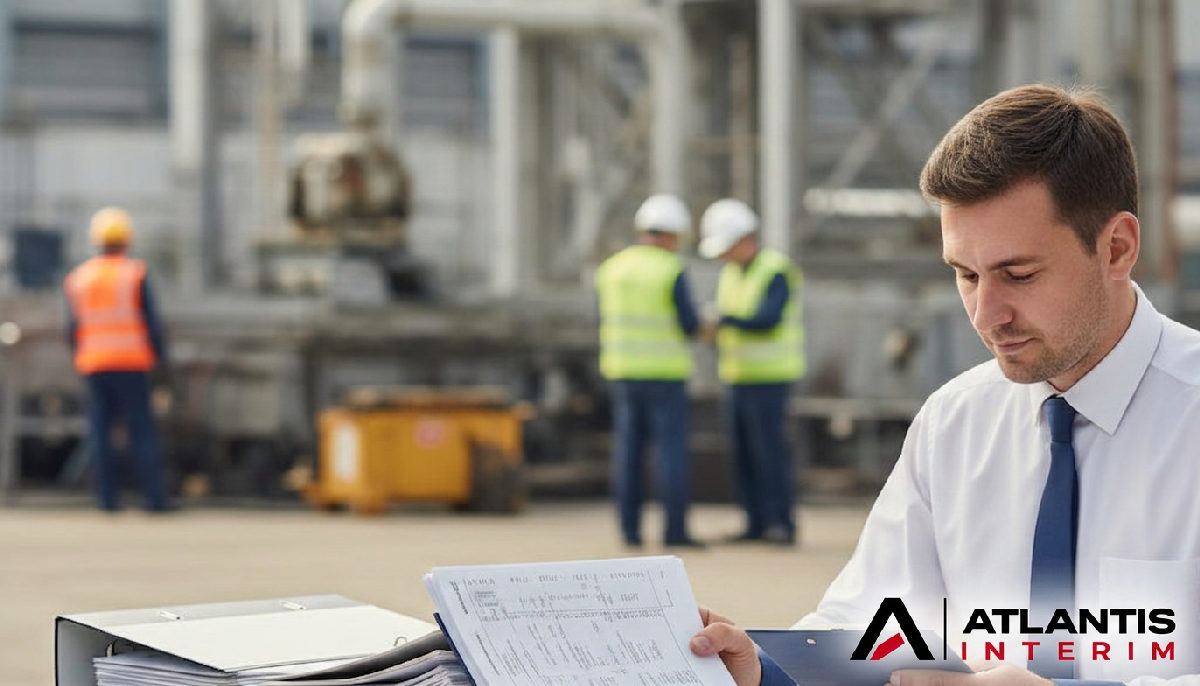 Inspecteur du travail vérifiant des dossiers de conformité sur site industriel.
