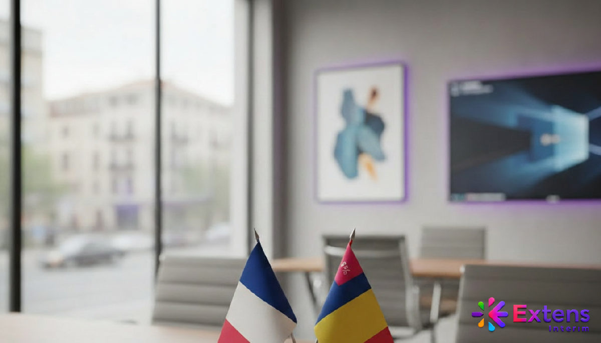 Bureau de recrutement avec drapeaux français et roumains, symbolisant l'alliance.