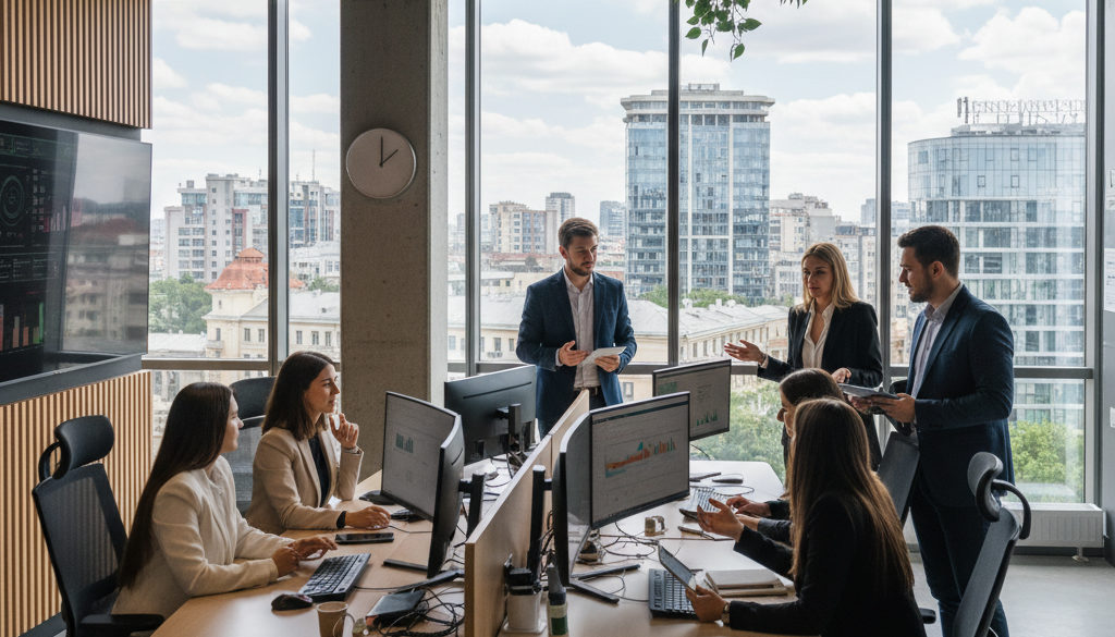 avantages recrutement Roumanie – Jeunes professionnels roumains dans un bureau moderne à Bucarest.